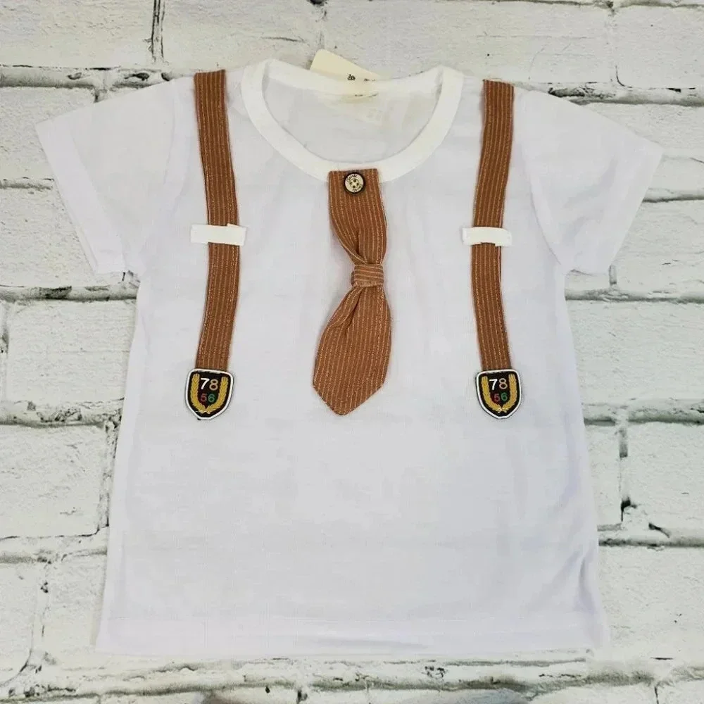 9-12M Brown Faux Suit Shorts Baby Boys 2 pcs Outfit. T-Shirt and Shorts Set